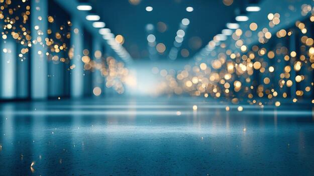 Abstract illuminated corridor with bokeh effect, showcasing modern architecture and sparkling light particles for dynamic backgrounds photo
