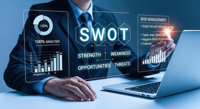 Business professional presenting a SWOT analysis with digital display, strategy planning and risk management for company growth photo