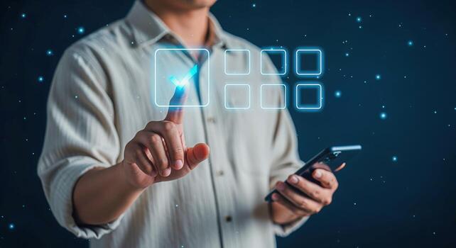 Man Interacting with a Digital Interface, Touching a Virtual Screen with Mobile Phone, Modern Technology Concept photo