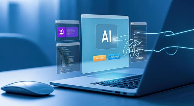Artificial Intelligence Interface on Laptop Screen Display with Abstract Hand Concept in Futuristic Tone photo