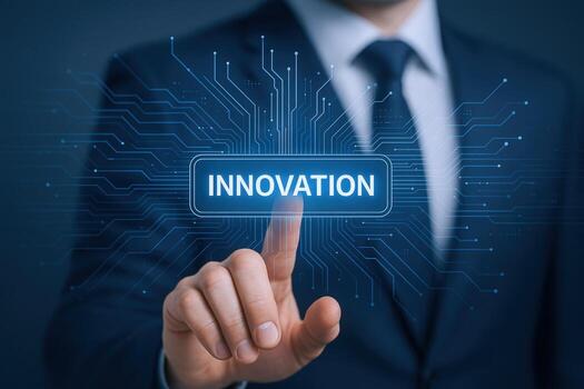 Innovation Concept Businessman Tapping a Digital Screen Displaying the Word Innovation with Futuristic Technology photo