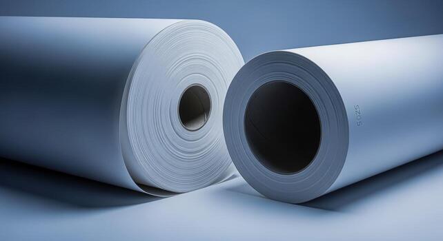 Two rolls of white paper or plotter paper, isolated on a white background in a studio photo