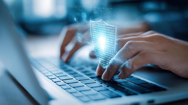 Cybersecurity Professional Typing on Laptop with Security Shield Graphic Overlay Emphasizing Data Protection and Secure Online Activity photo