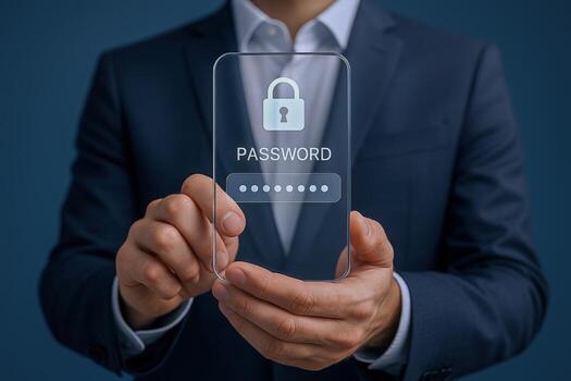 Businessman Displaying Secure Password Protection on Glass Mobile Device, Cybersecurity Concept for Modern Technology photo