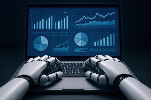 Artificial Intelligence Hands Typing on Laptop Analyzing Data, Charts, Graphs, and Financial Statistics on Screen photo