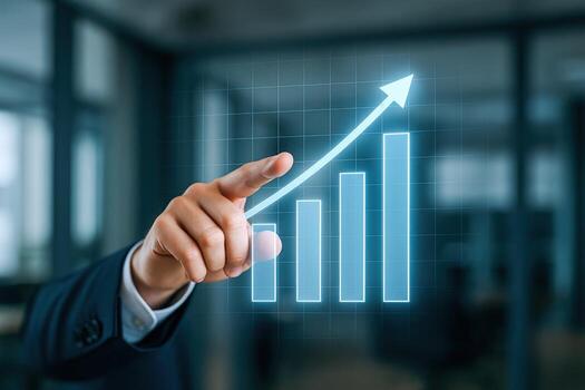 Business Growth Graph with Hand Pointing Upward, Representing Financial Success and Positive Trend Projection photo