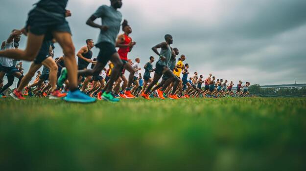 Marathon Runners Racing on Grass Field Endurance Event with Diverse Participants on Overcast Day photo
