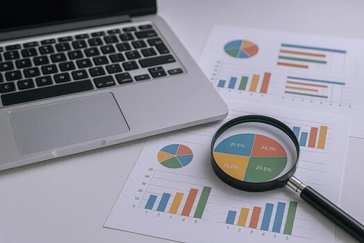 Data Analysis with Magnifying Glass on Graphs, Laptop for Market Research, and Business Insights photo