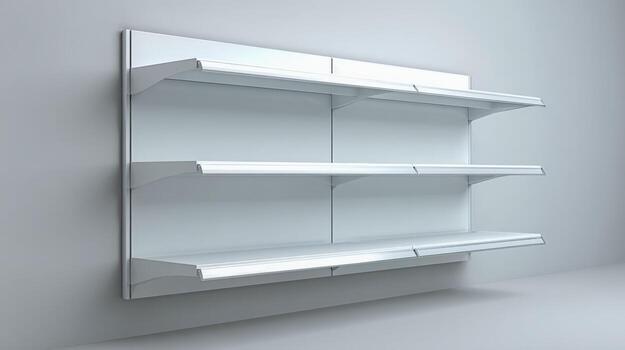 Empty White Shelves on Wall Modern Retail Display for Product Placement, Copy Space, and Interior Design photo