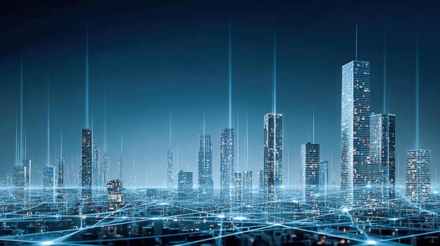 Futuristic Cityscape with Digital Network Connection, High-Rise Buildings and Technology Infrastructure at Night photo