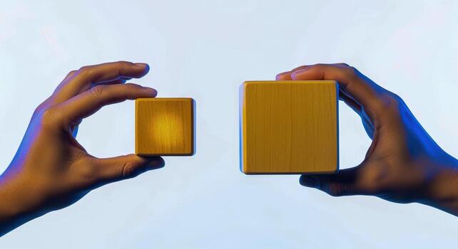 Comparison of Two Wooden Blocks Held by Hands Concept of Scale, Size, and Growth photo