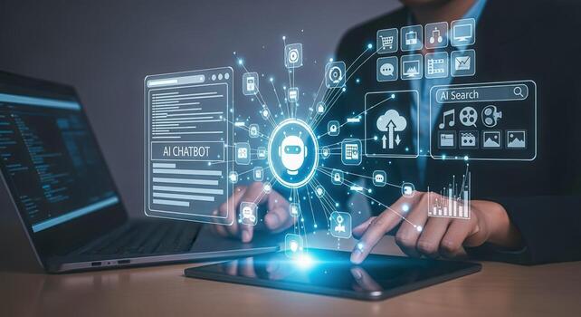 AI Chatbot Integration Business Professional Utilizing Digital Interface on Tablet for Enhanced Communication and Automated Solutions photo