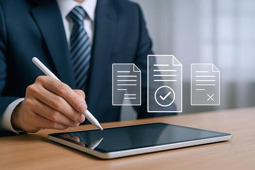 empresario utilizando digital tableta con documento íconos para electrónico firma y flujo de trabajo automatización foto