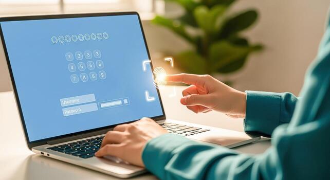 User Typing Password on Laptop Screen for Online Access, Security Measures and Data Protection photo