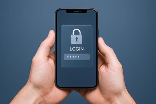 Mobile Authentication Hands Holding Smartphone Displaying Secure Login Screen with Padlock Icon for Cybersecurity photo