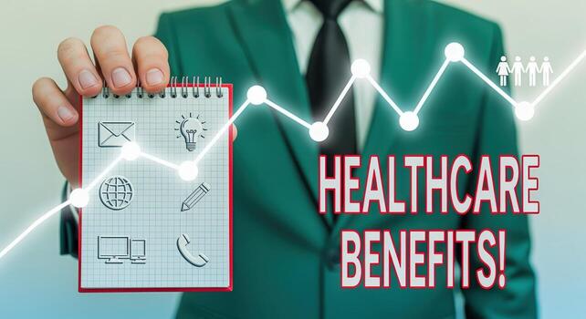 Healthcare Benefits Concept Man Holding Notepad Displaying Medical Services with a Growing Chart Line photo