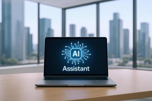 AI Assistant on Laptop Screen Displayed in Modern Office with Cityscape Backdrop photo