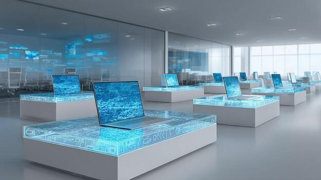 Modern Technology Showcase Laptops Displayed on Illuminated Platforms in a Futuristic Retail Environment photo