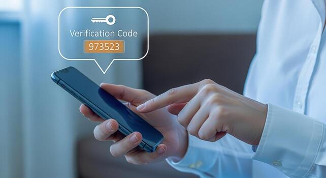 Woman using phone for two-factor authentication, receiving verification code on mobile device, secure digital transaction photo