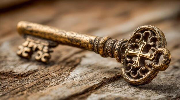 Antique Ornate Key with Cross Symbol on Rustic Wood Background, Vintage Style for Faith Concepts photo