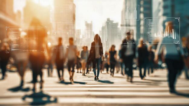 Anonymous Woman Walking in City with Data Overlay, Representing Technology, Surveillance, and Modern Urban Life photo