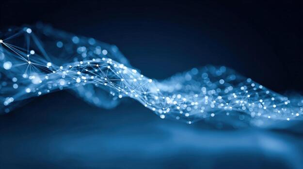 Abstract Network Connection Structure Interconnected Points and Lines Forming a Complex, Dynamic Wave on Dark Background photo
