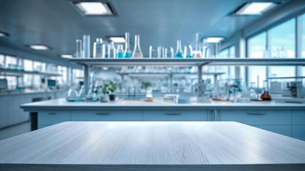 Laboratory Tabletop with Blurred Scientific Equipment Backdrop Ideal for Product Display and Research Concepts photo