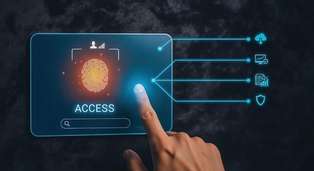 Fingerprint Access Control Interface with Cloud Connectivity and Data Protection on a Dark Background photo