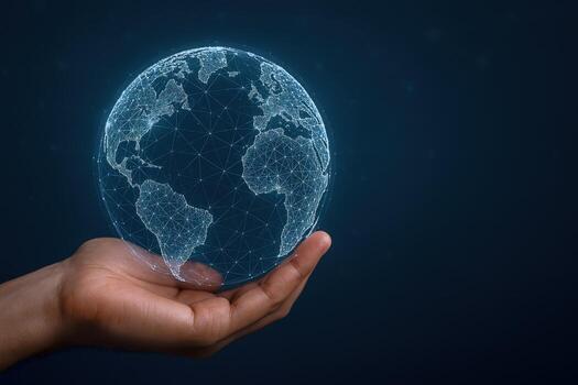 Global Network Connection Hand Holding Earth Hologram Representing Global Communication and Technology on Dark Background photo