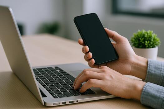 Person Typing on Laptop While Holding Smartphone for Multitasking and Connectivity in Modern Workspace photo