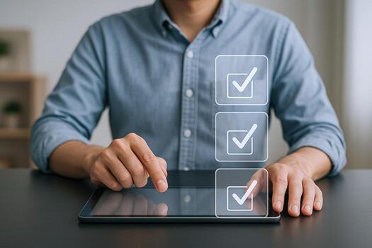 Man Using Digital Tablet with Checkmarks Displayed for Task Completion and Approval Concept photo