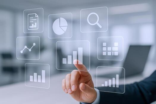 Digital Business Analytics Interface Person Touching Virtual Screen with Data Visualization for Strategy and Growth photo