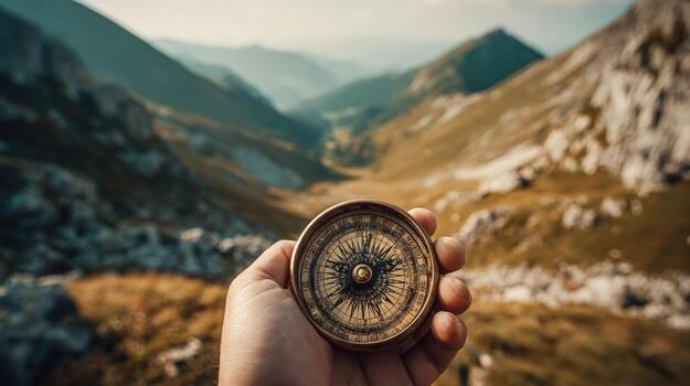 Navigational Compass Held in Hand Against Mountainous Landscape, Adventure and Guidance Concept photo