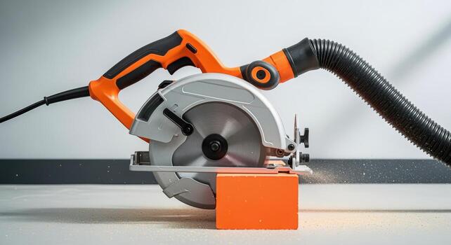Circular Saw Cutting Wood with Vacuum Attachment in Workshop, Power Tool for DIY Projects photo