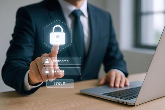 Cybersecurity Professional Securing Data with Modern Login Interface and Laptop, Demonstrating Digital Protection photo