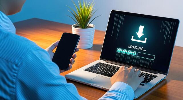 Man Using Laptop with Download Icon and Holding Smartphone, Technology and Connectivity photo