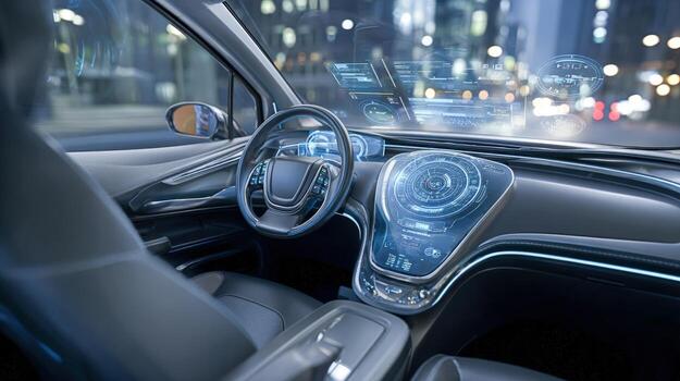 futurista coche interior con holográfico mostrar, autónomo vehículo tecnología a noche, presentando digital interfaz foto