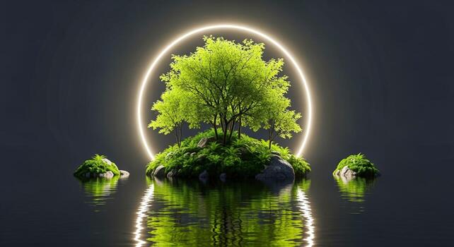 Serene Tree Scene with Glowing Circle on Water Tranquil Nature Illustration photo