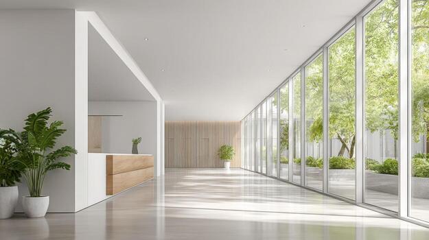 Bright Modern Interior with Large Windows Overlooking Greenery, Minimalist Design, Open Space, and Natural Light photo