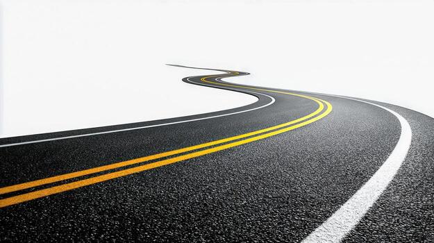 Winding Asphalt Road with Yellow Lines, Isolated on White Background, Journey and Transportation Concept photo