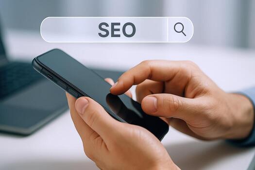 Hands Holding Smartphone with Search Bar Displaying SEO, Representing Digital Marketing and Optimization Strategies photo