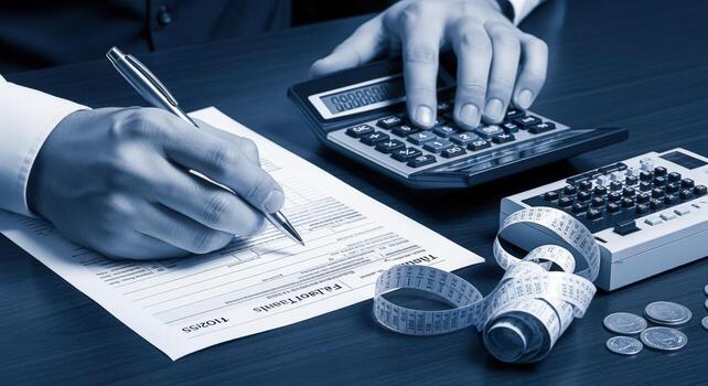 Close-up of financial planning, budgeting, and accounting with paperwork, calculator, and measurement tape emphasizing cost reduction photo