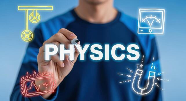 Physics Education Concept Man Drawing Physics Formulas and Diagrams on Transparent Interactive Screen photo