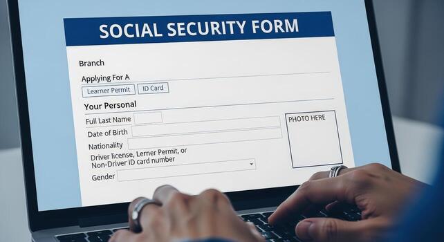 Filling Out Government Form On Laptop Application Process for Social Security and Benefits photo