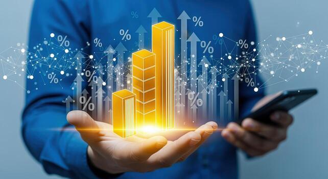 Person Holding Growth Graph and Arrows, Data Visualization, Business Analytics, Financial Performance Concept photo