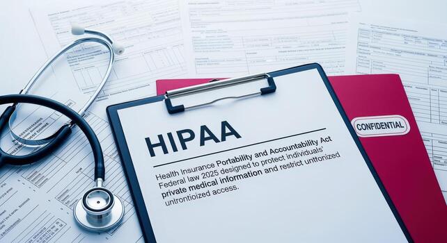 hipaa conformidad concepto portapapeles con texto y médico estetoscopio, destacando cuidado de la salud datos seguridad foto