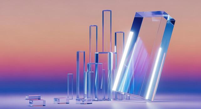 Abstract Geometric Composition with Clear Acrylic Blocks and Prisms on Gradient Background photo