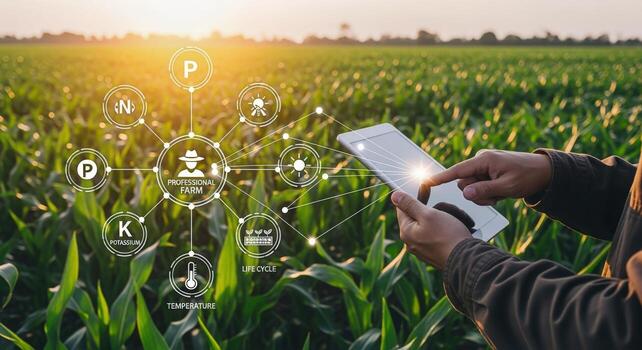 Precision Agriculture Farmer Using Tablet Technology in Cornfield for Data Analysis and Crop Management photo