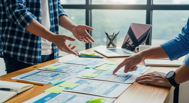 Collaborative Design Session Web Developers Planning User Interface and Experience with Wireframes and Sticky Notes photo