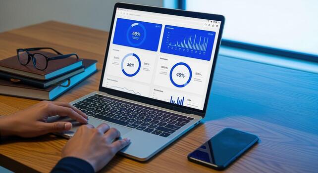 Business professional analyzing data dashboards on a laptop, optimizing performance and tracking growth metrics in a modern office photo